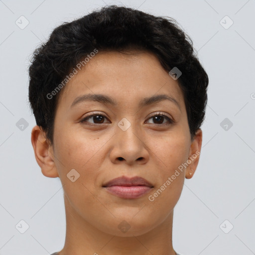 Joyful latino young-adult female with short  brown hair and brown eyes