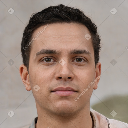 Neutral white young-adult male with short  brown hair and brown eyes