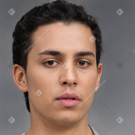 Neutral latino young-adult male with short  brown hair and brown eyes