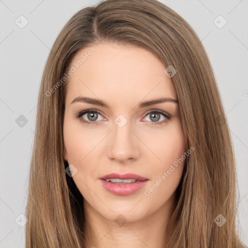 Neutral white young-adult female with long  brown hair and brown eyes