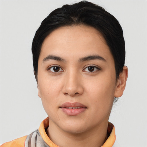 Neutral asian young-adult female with short  black hair and brown eyes