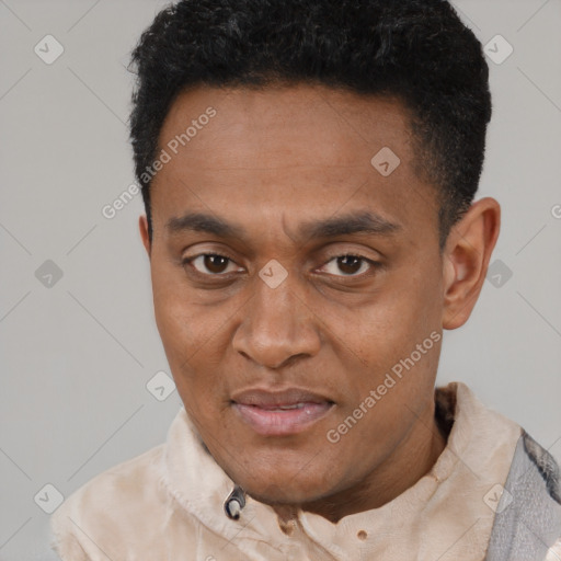 Neutral latino young-adult male with short  black hair and brown eyes