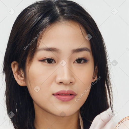 Neutral asian young-adult female with long  brown hair and brown eyes