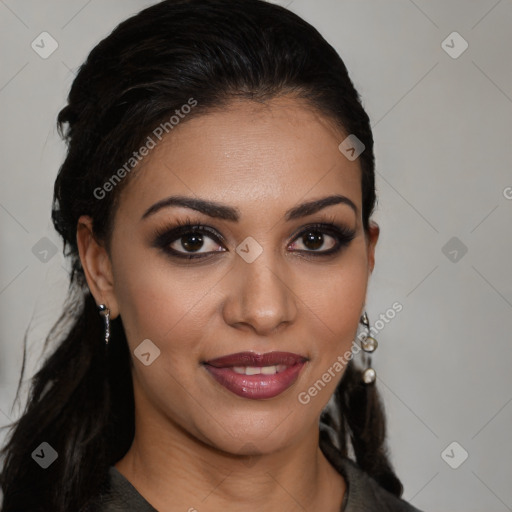 Joyful latino young-adult female with long  brown hair and brown eyes