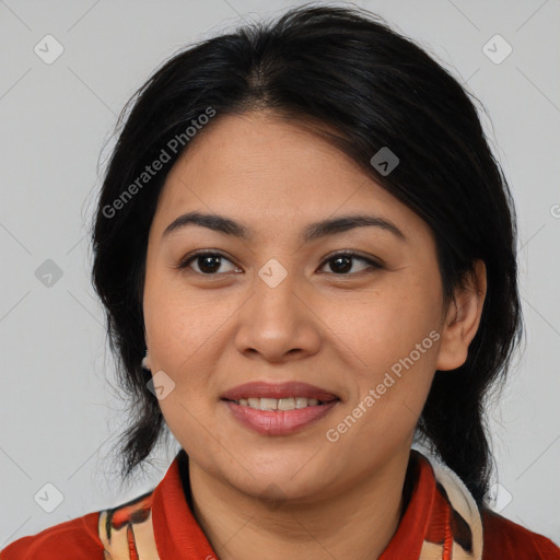 Joyful latino young-adult female with medium  black hair and brown eyes