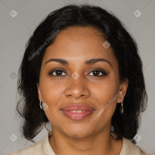 Joyful black young-adult female with medium  brown hair and brown eyes