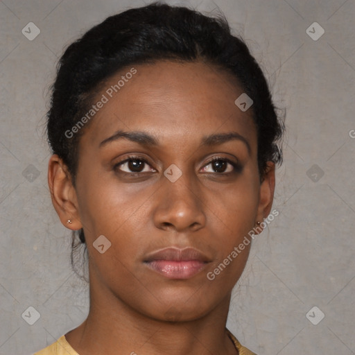 Neutral black young-adult female with short  brown hair and brown eyes