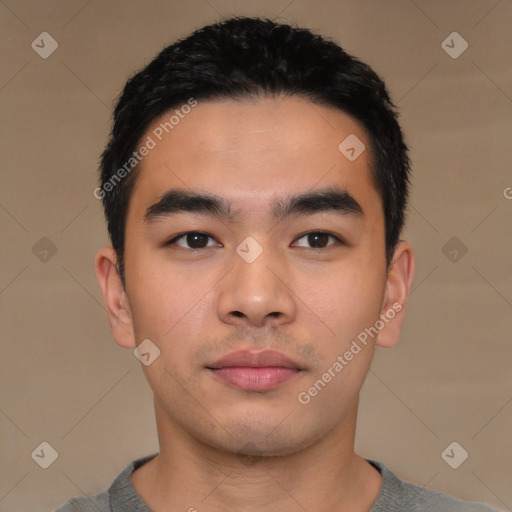 Neutral asian young-adult male with short  black hair and brown eyes