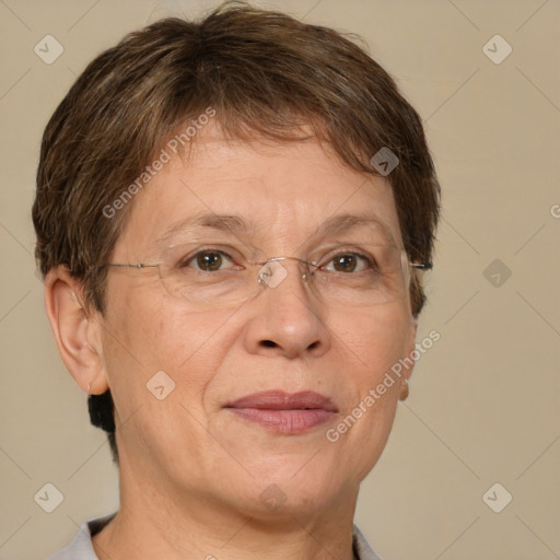 Joyful white middle-aged female with short  brown hair and brown eyes