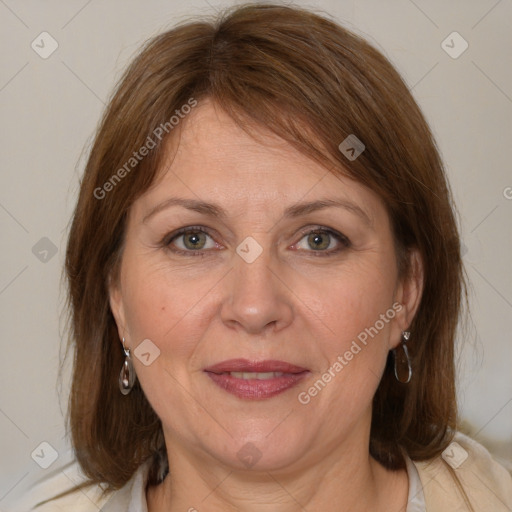 Joyful white adult female with medium  brown hair and brown eyes