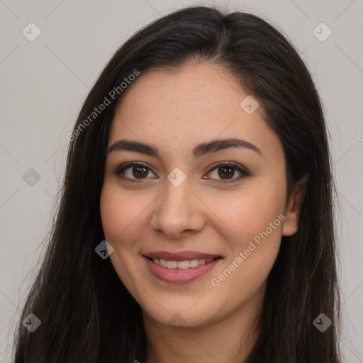 Joyful white young-adult female with long  brown hair and brown eyes