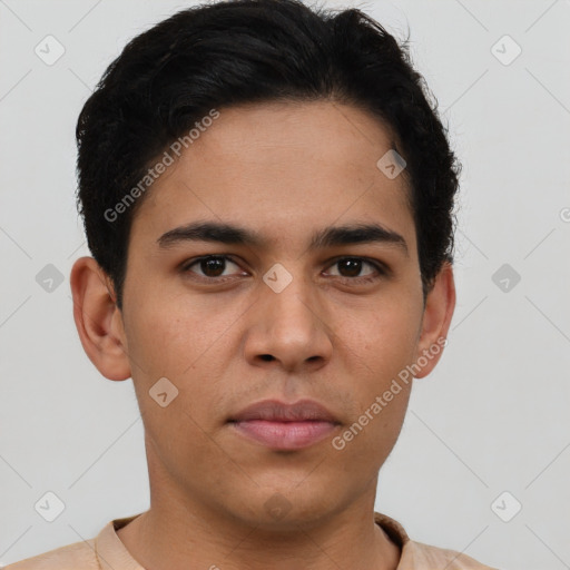 Neutral latino young-adult male with short  brown hair and brown eyes