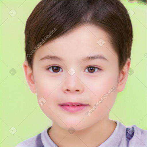 Joyful white child female with short  brown hair and brown eyes