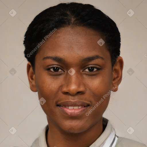 Joyful black young-adult female with short  black hair and brown eyes