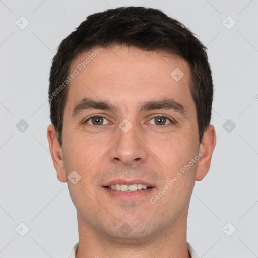 Joyful white young-adult male with short  brown hair and brown eyes