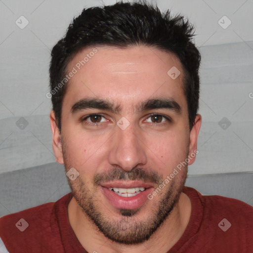 Joyful white young-adult male with short  black hair and brown eyes