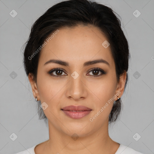 Joyful latino young-adult female with medium  black hair and brown eyes