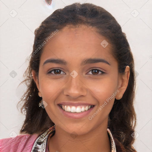 Joyful latino young-adult female with long  brown hair and brown eyes