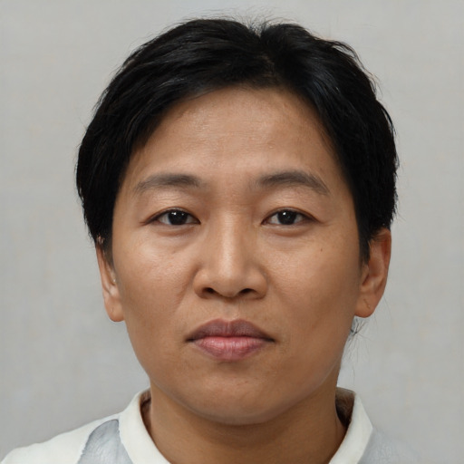 Neutral asian adult female with short  brown hair and brown eyes