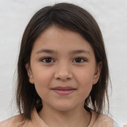 Joyful white child female with medium  brown hair and brown eyes