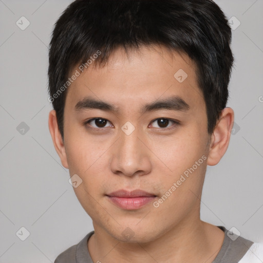 Neutral asian young-adult male with short  brown hair and brown eyes