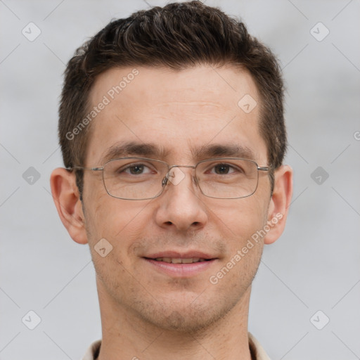 Joyful white adult male with short  brown hair and grey eyes