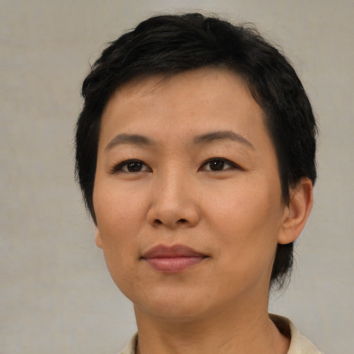 Neutral asian adult female with medium  black hair and brown eyes