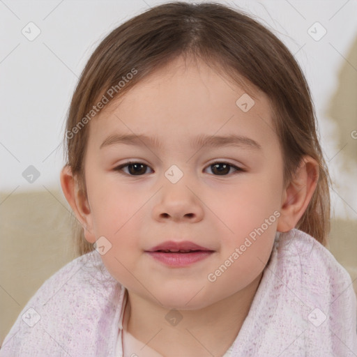 Joyful white child female with medium  brown hair and brown eyes