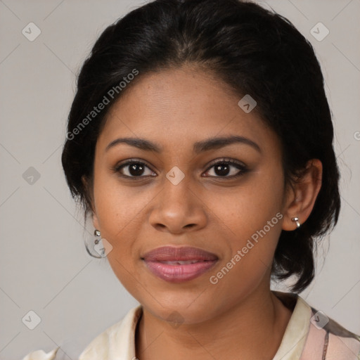 Joyful latino young-adult female with medium  brown hair and brown eyes