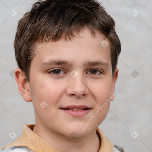 Joyful white child male with short  brown hair and brown eyes