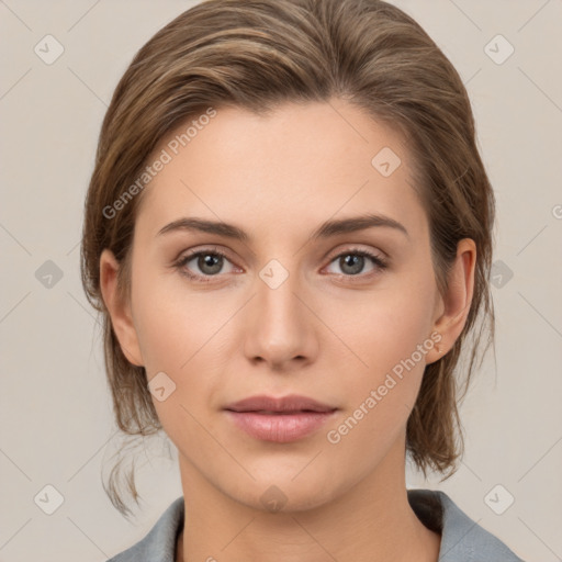 Neutral white young-adult female with medium  brown hair and grey eyes