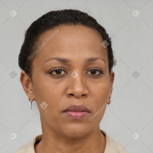 Neutral black adult female with short  brown hair and brown eyes