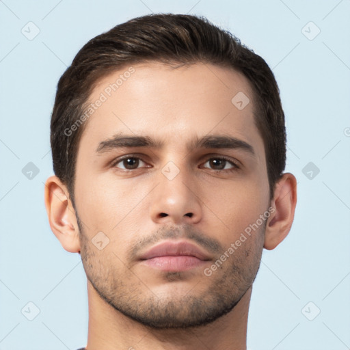 Neutral white young-adult male with short  brown hair and brown eyes