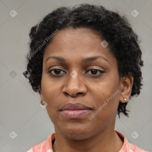 Joyful black adult female with short  brown hair and brown eyes