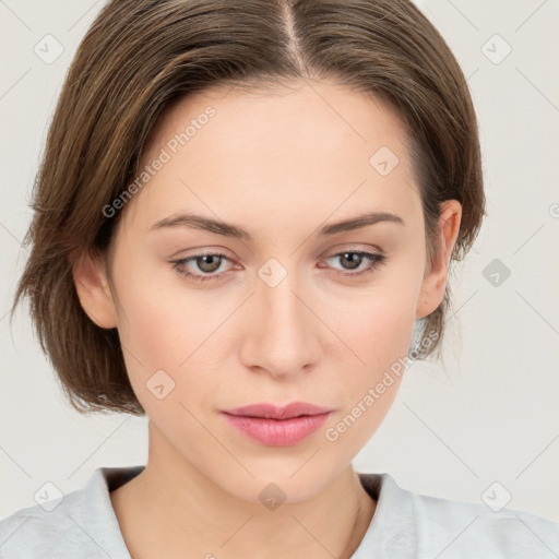 Neutral white young-adult female with medium  brown hair and grey eyes