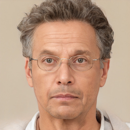 Neutral white middle-aged male with short  brown hair and brown eyes