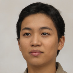 Neutral asian young-adult female with short  black hair and brown eyes