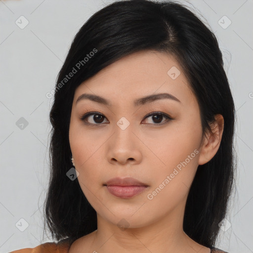 Neutral asian young-adult female with medium  black hair and brown eyes