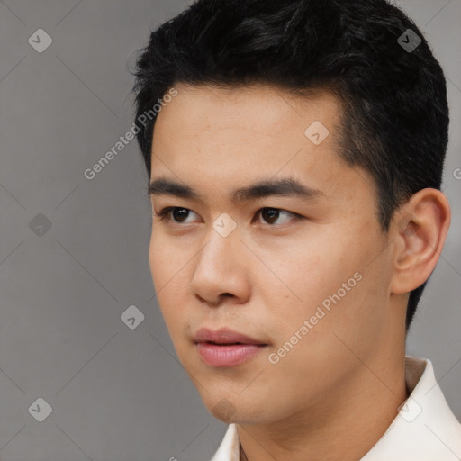 Neutral asian young-adult male with short  black hair and brown eyes