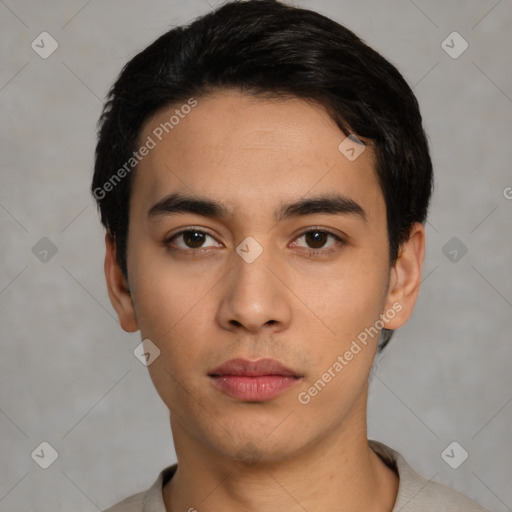 Neutral latino young-adult male with short  black hair and brown eyes