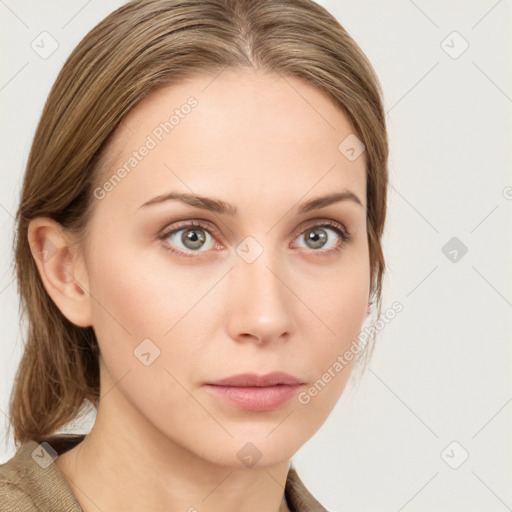 Neutral white young-adult female with medium  brown hair and grey eyes