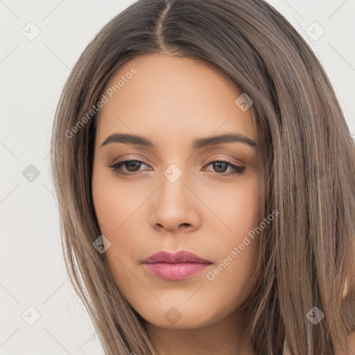 Neutral asian young-adult female with long  brown hair and brown eyes