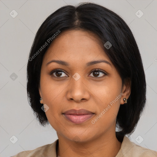 Joyful latino young-adult female with medium  black hair and brown eyes