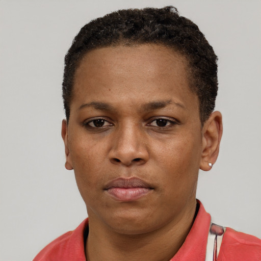 Neutral black young-adult female with short  black hair and brown eyes