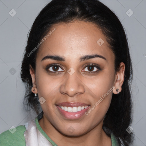 Joyful latino young-adult female with long  brown hair and brown eyes