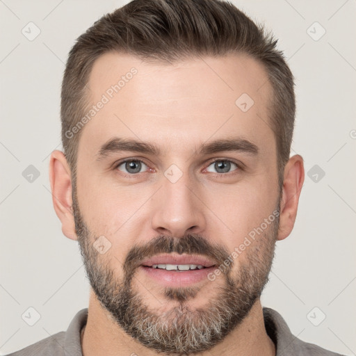 Neutral white adult male with short  brown hair and brown eyes