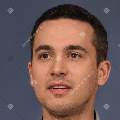 Neutral white young-adult male with short  brown hair and brown eyes