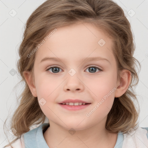 Joyful white child female with medium  brown hair and grey eyes