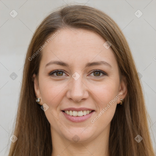 Joyful white young-adult female with long  brown hair and grey eyes