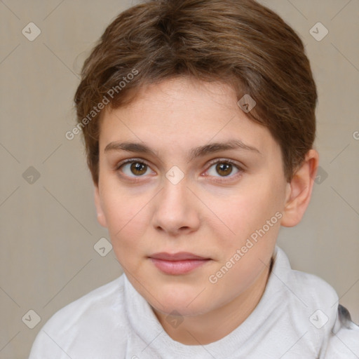 Neutral white young-adult female with short  brown hair and brown eyes